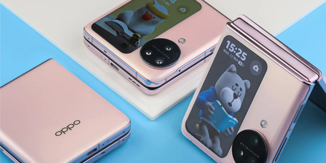 Elegant flip smartphones with vibrant displays and modern design on pastel backgrounds