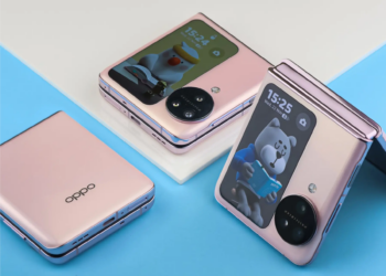 Elegant flip smartphones with vibrant displays and modern design on pastel backgrounds