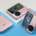 Elegant flip smartphones with vibrant displays and modern design on pastel backgrounds