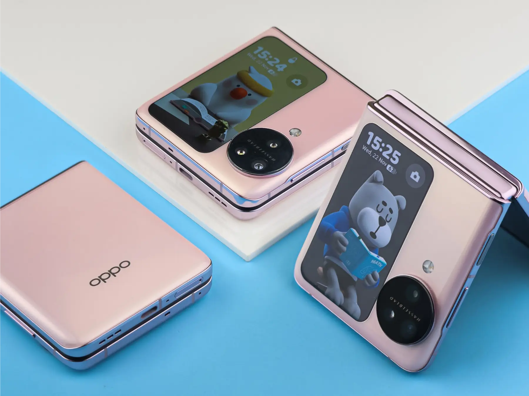 Elegant flip smartphones with vibrant displays and modern design on pastel backgrounds