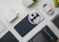 Flat lay of Oppo Find X7 Ultra smartphone with accessories on white background