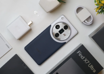 Flat lay of Oppo Find X7 Ultra smartphone with accessories on white background