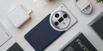 Flat lay of Oppo Find X7 Ultra smartphone with accessories on white background