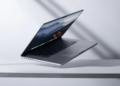 Modern laptop levitating in a minimalist studio setting. Perfect for technology themes