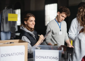 volunteers working in community charity donation