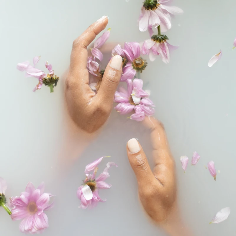 Relaxing aesthetic with hands and flowers submerged in a milky bath.